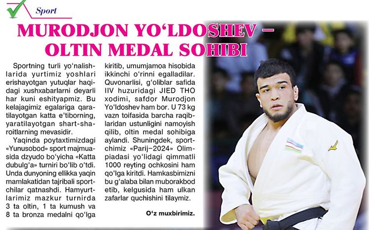 Murodjon yoʻldoshev – oltin medal sohibi